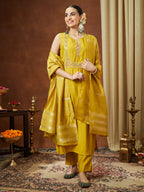 Janasya Women's Mustard Chanderi Silk Yoke Embroidered Straight Kurta Set