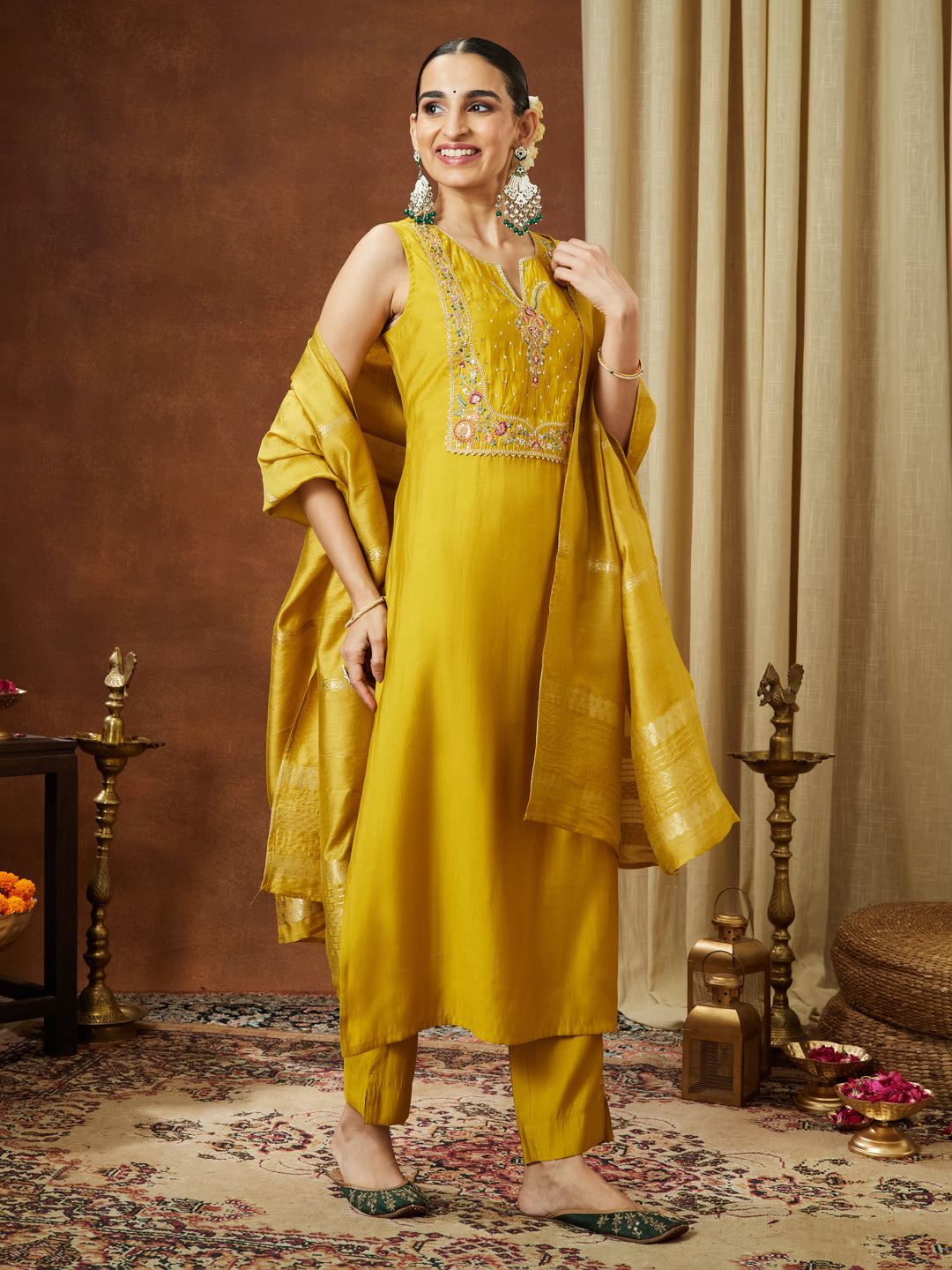 Janasya Women's Mustard Chanderi Silk Yoke Embroidered Straight Kurta Set - qivii