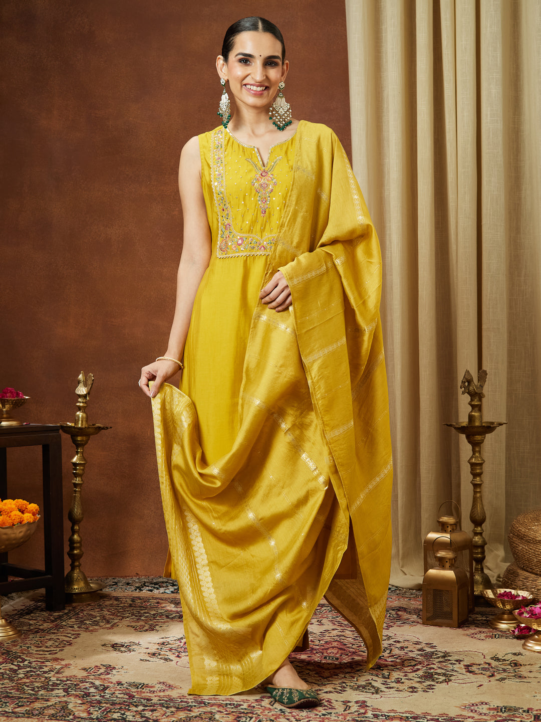 Janasya Women's Mustard Chanderi Silk Yoke Embroidered Straight Kurta Set - qivii