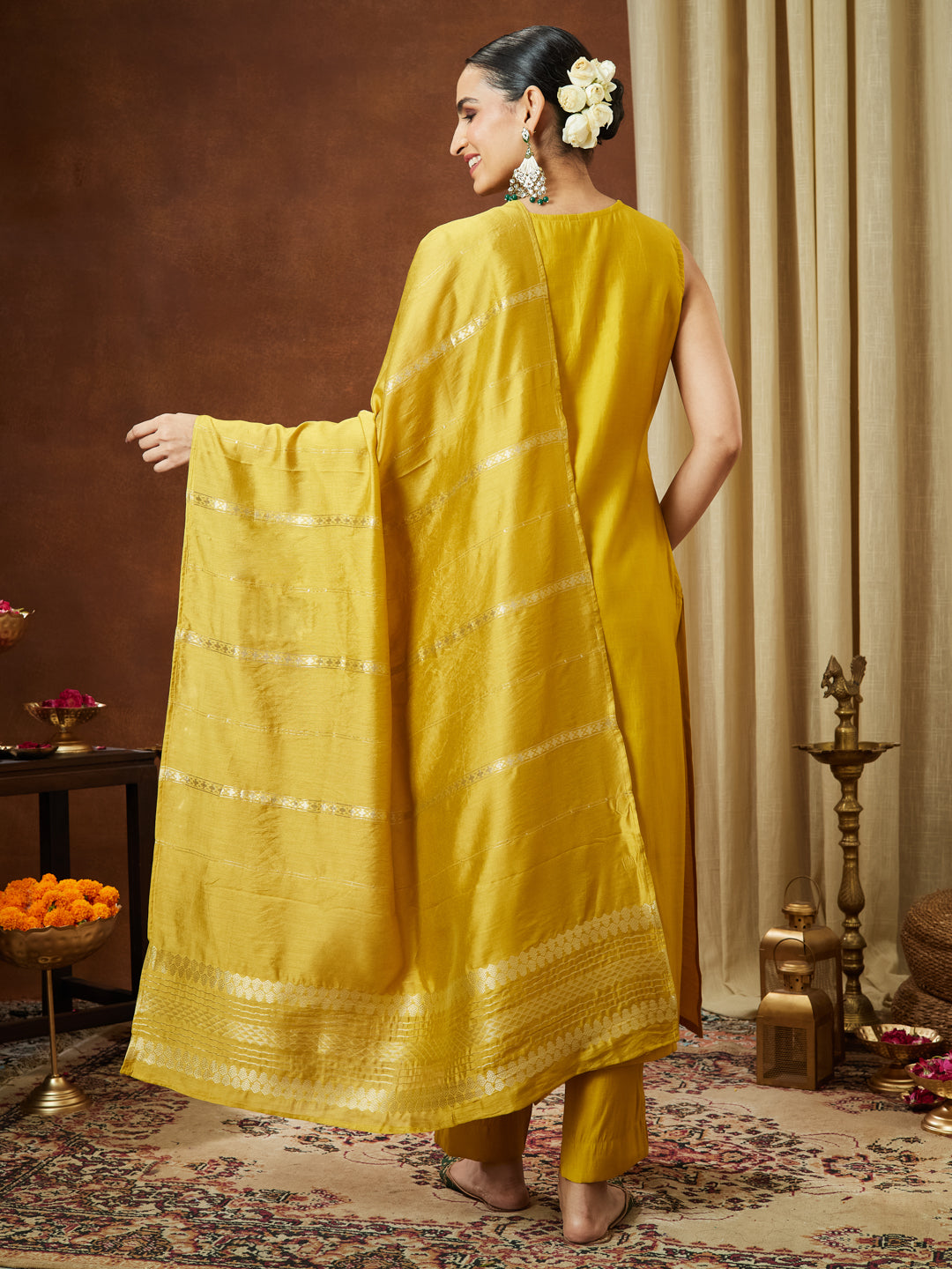 Janasya Women's Mustard Chanderi Silk Yoke Embroidered Straight Kurta Set - qivii