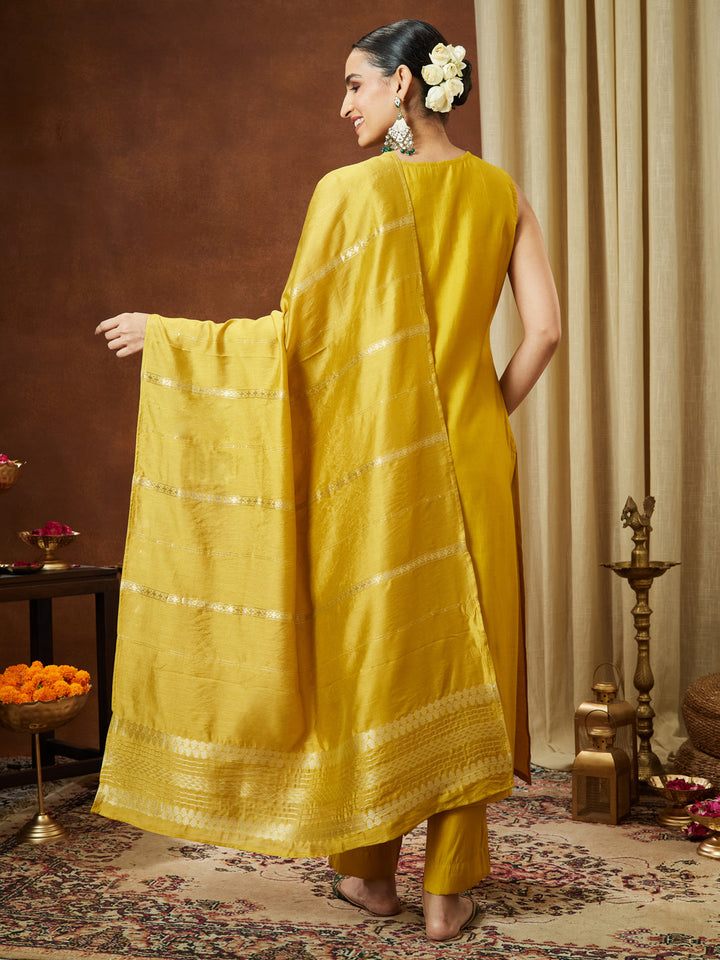 Janasya Women's Mustard Chanderi Silk Yoke Embroidered Straight Kurta Set - qivii