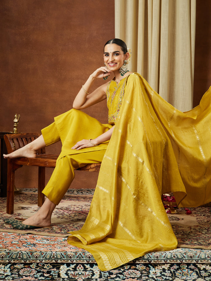 Janasya Women's Mustard Chanderi Silk Yoke Embroidered Straight Kurta Set - qivii