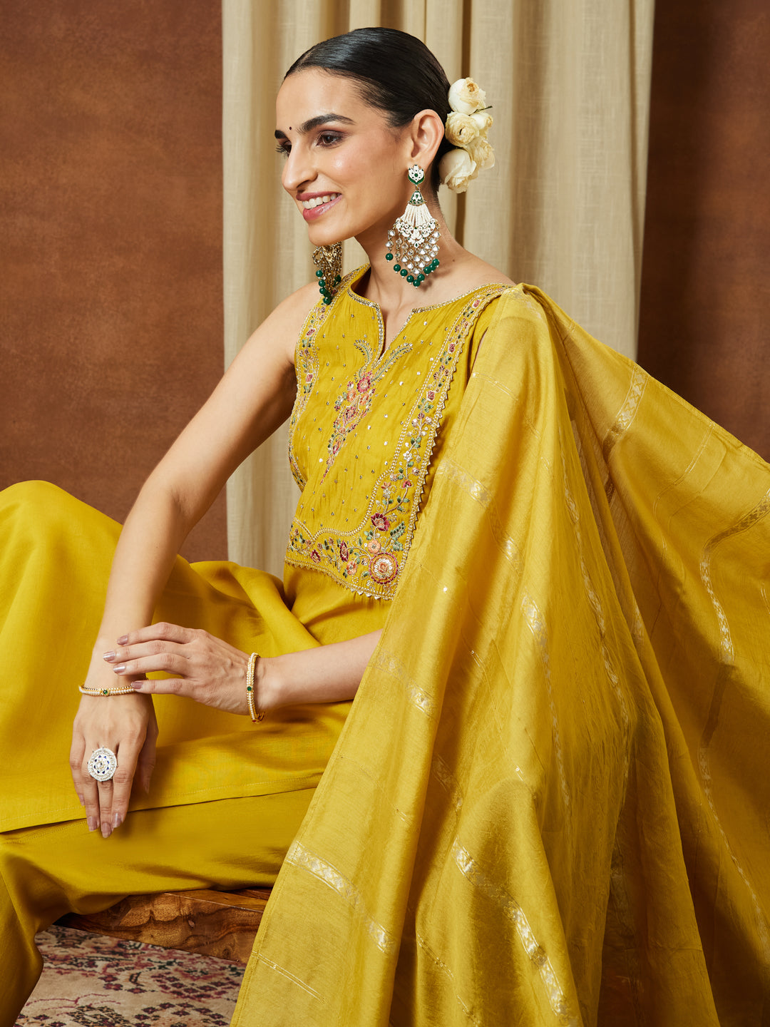 Janasya Women's Mustard Chanderi Silk Yoke Embroidered Straight Kurta Set - qivii