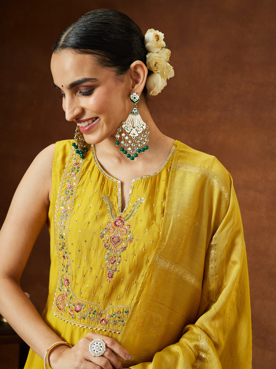 Janasya Women's Mustard Chanderi Silk Yoke Embroidered Straight Kurta Set - qivii