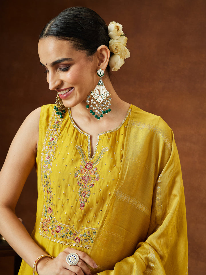 Janasya Women's Mustard Chanderi Silk Yoke Embroidered Straight Kurta Set - qivii