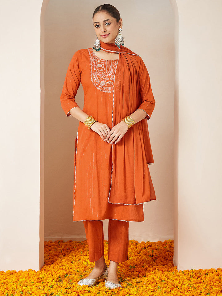 Janasya Women's Orange Pure Cotton Embellished Yoke Design Straight Kurta Set - qivii