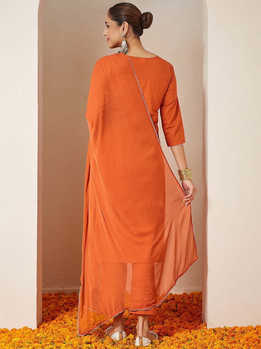 Janasya Women's Orange Pure Cotton Embellished Yoke Design Straight Kurta Set