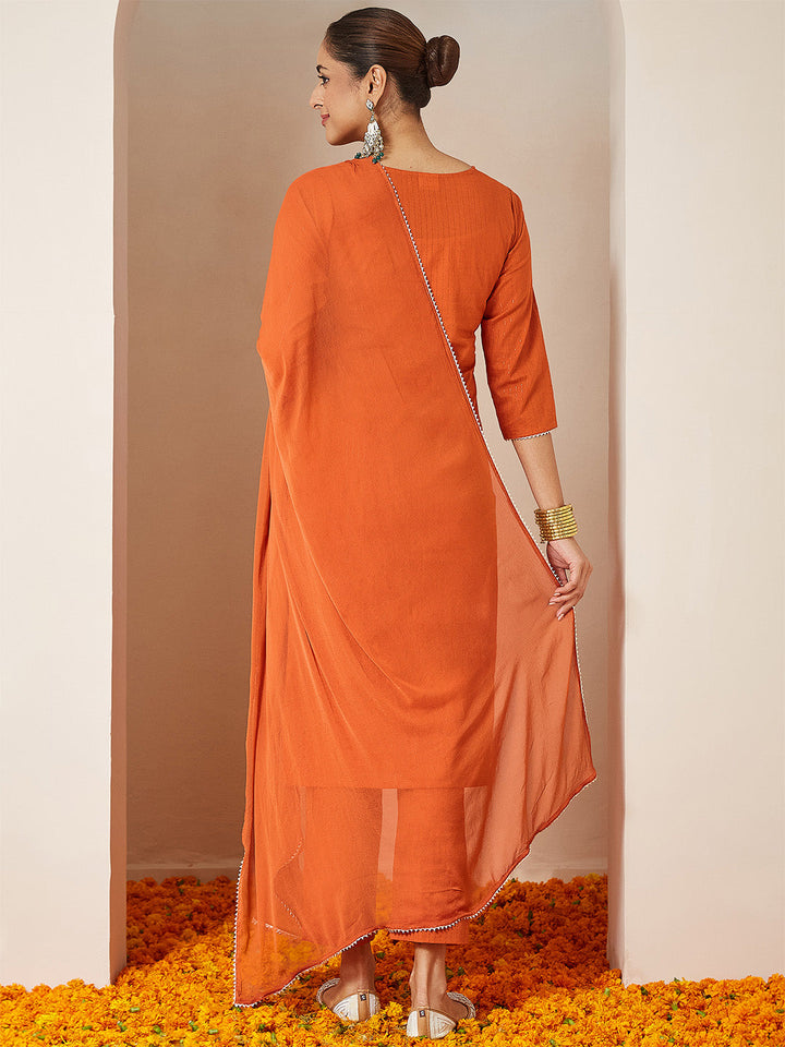 Janasya Women's Orange Pure Cotton Embellished Yoke Design Straight Kurta Set - qivii