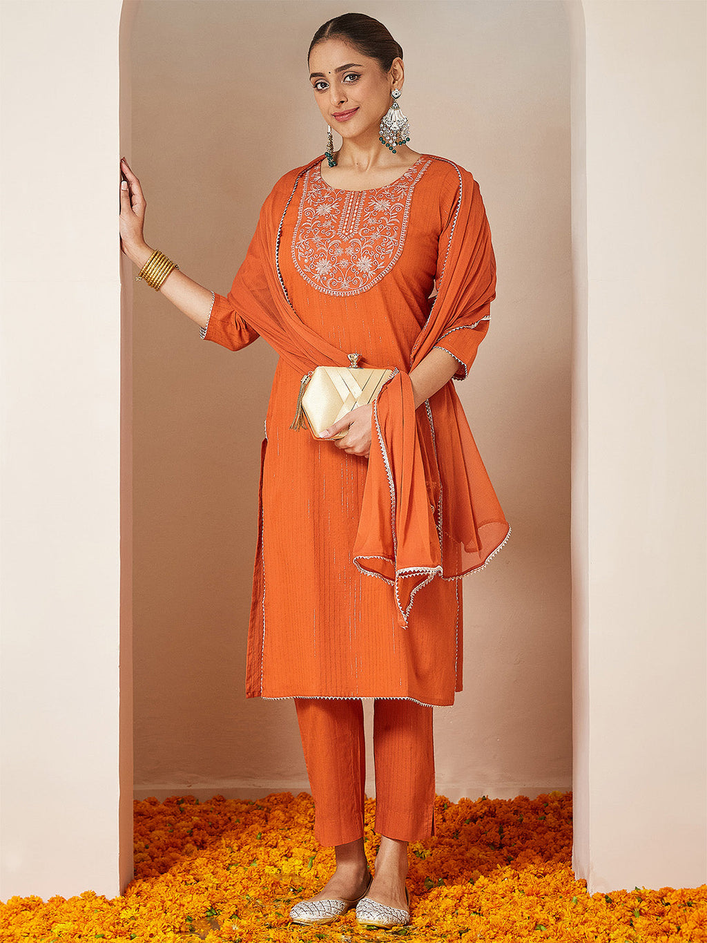 Janasya Women's Orange Pure Cotton Embellished Yoke Design Straight Kurta Set