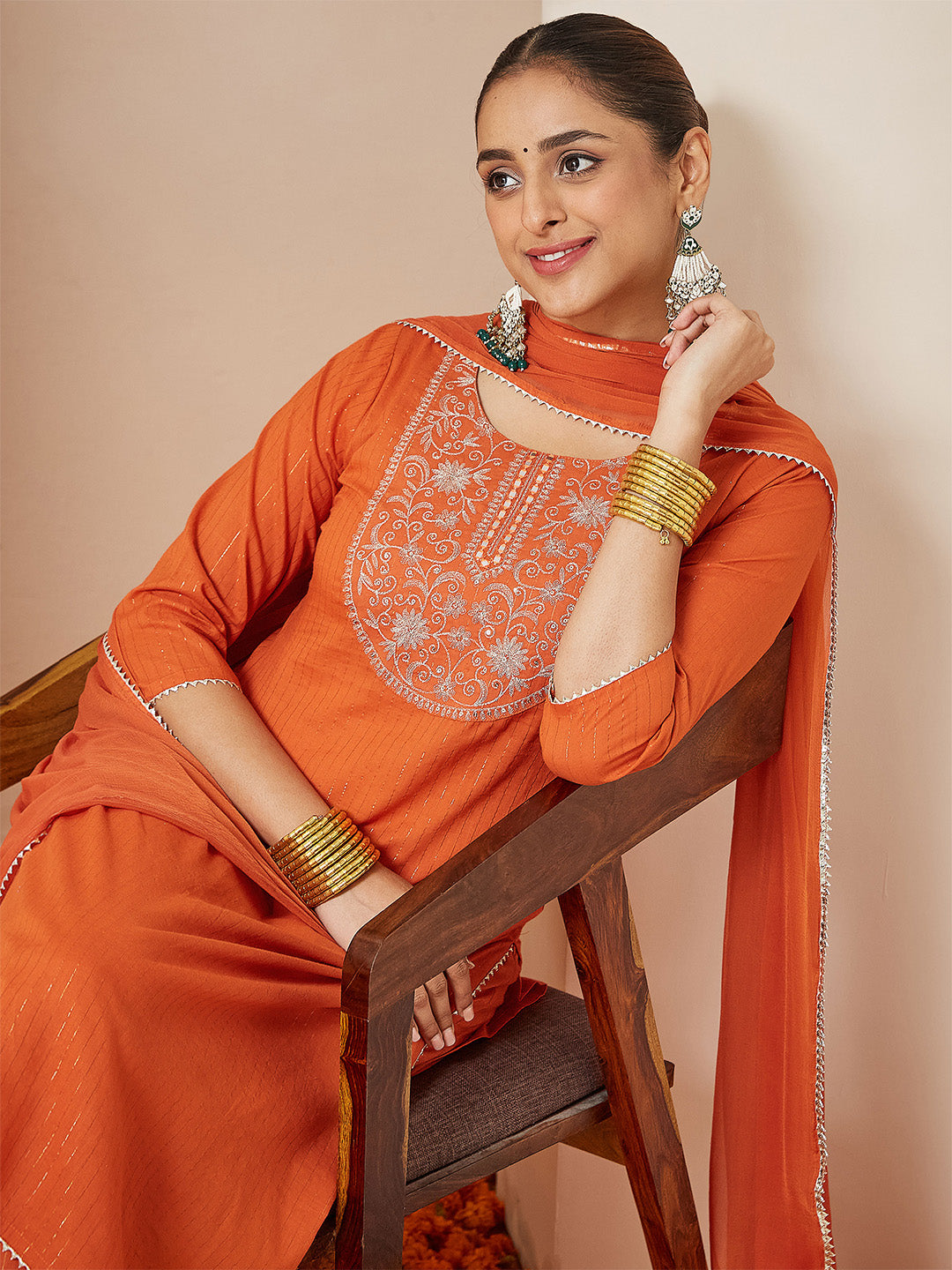 Janasya Women's Orange Pure Cotton Embellished Yoke Design Straight Kurta Set - qivii