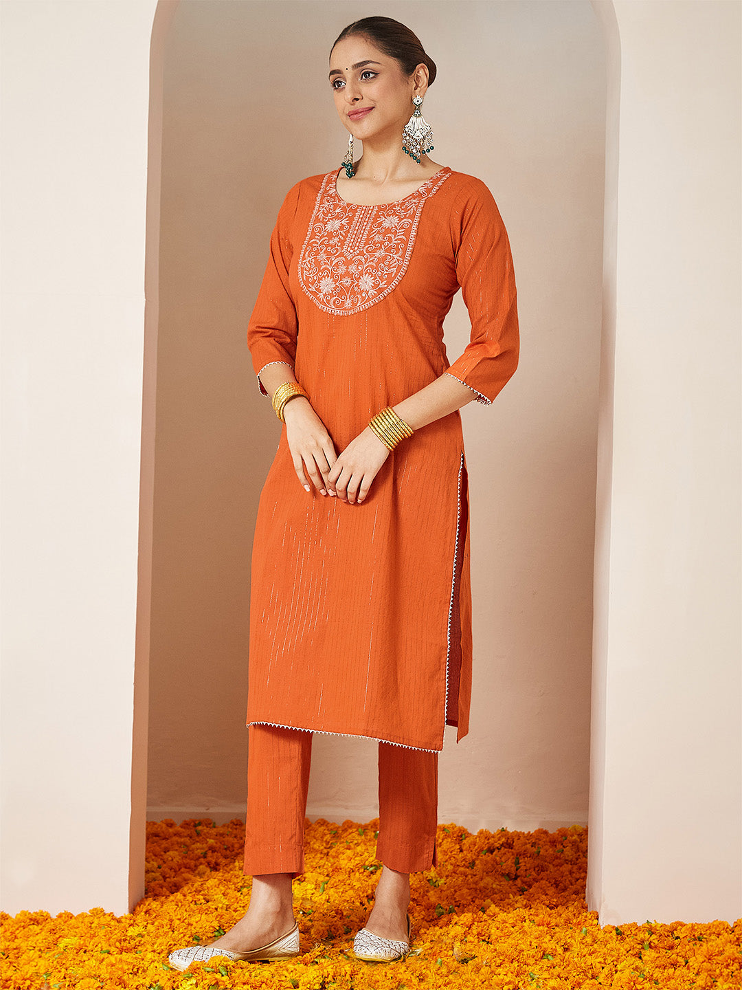 Janasya Women's Orange Pure Cotton Embellished Yoke Design Straight Kurta Set - qivii