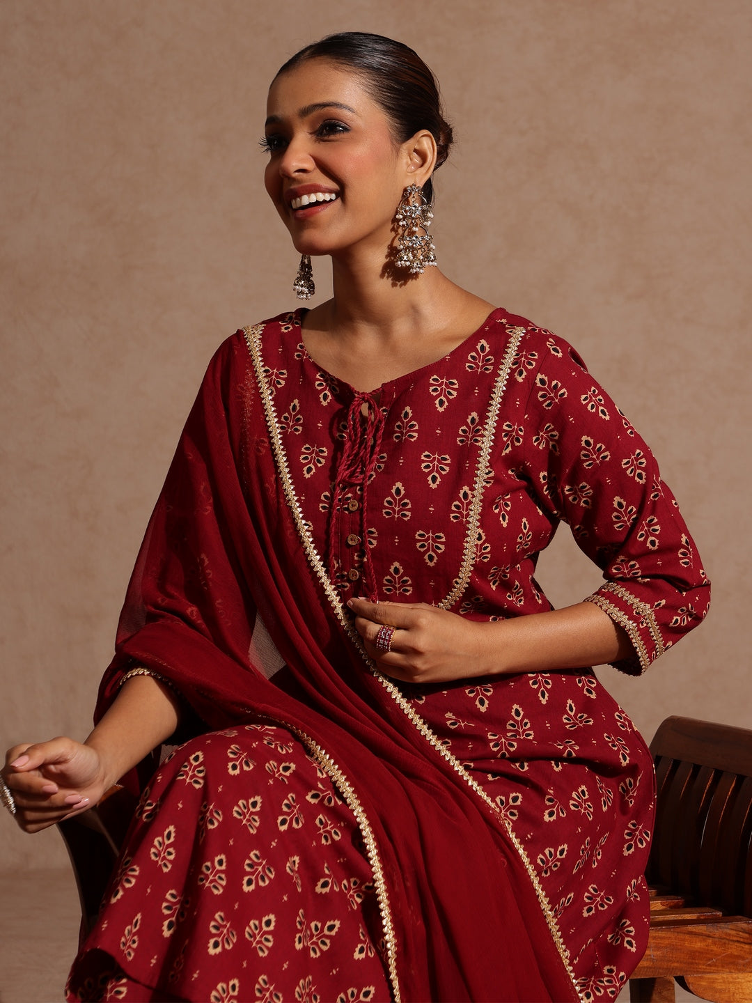 Janasya Women's Maroon Pure Cotton Floral Printed A-line Kurta With Palazzo & Dupatta Set