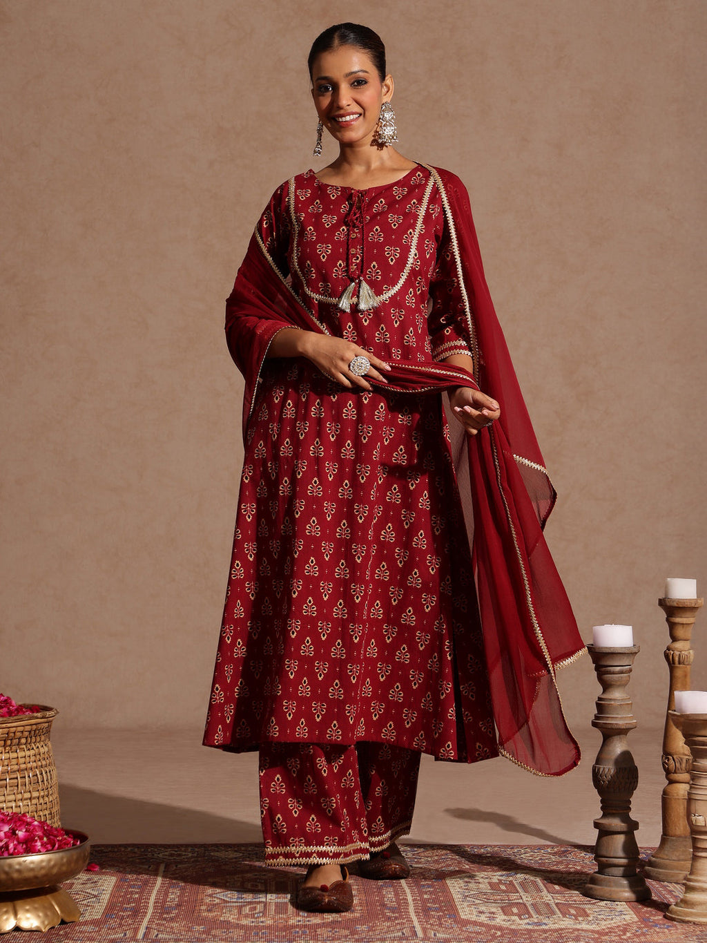 Janasya Women's Maroon Pure Cotton Floral Printed A-line Kurta With Palazzo & Dupatta Set