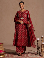 Janasya Women's Maroon Pure Cotton Floral Printed A-line Kurta With Palazzo & Dupatta Set