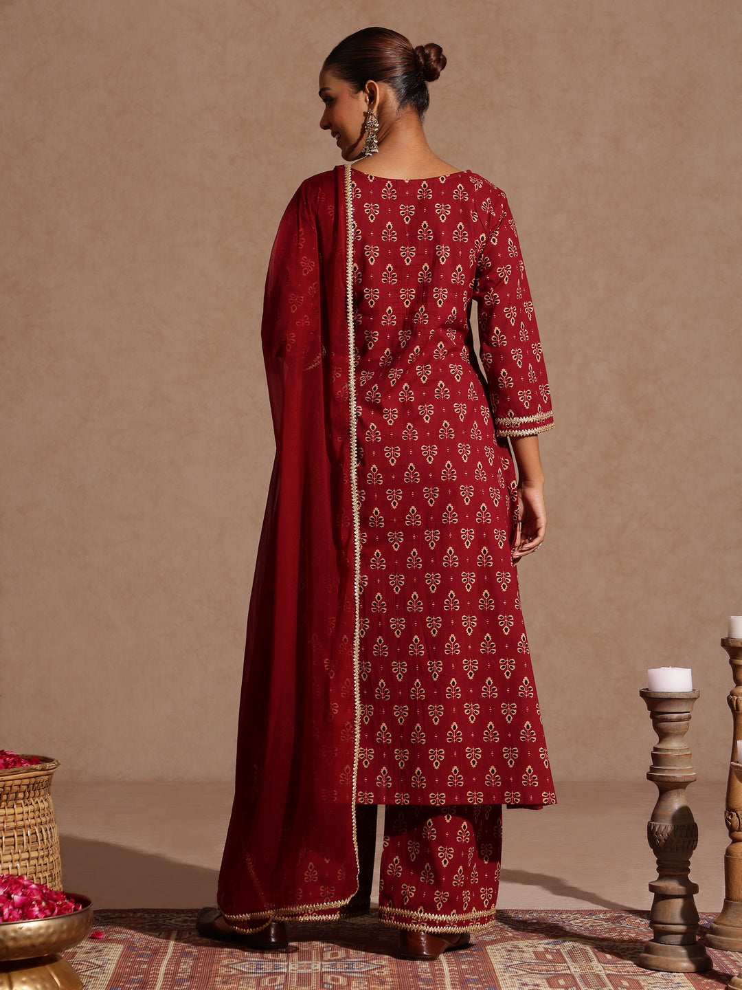 Janasya Women's Maroon Pure Cotton Floral Printed A-line Kurta With Palazzo & Dupatta Set - qivii