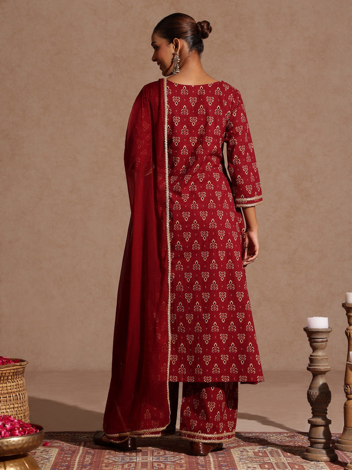 Janasya Women's Maroon Pure Cotton Floral Printed A-line Kurta With Palazzo & Dupatta Set - qivii