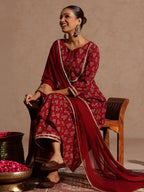 Janasya Women's Maroon Pure Cotton Floral Printed A-line Kurta With Palazzo & Dupatta Set