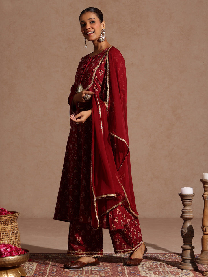 Janasya Women's Maroon Pure Cotton Floral Printed A-line Kurta With Palazzo & Dupatta Set - qivii