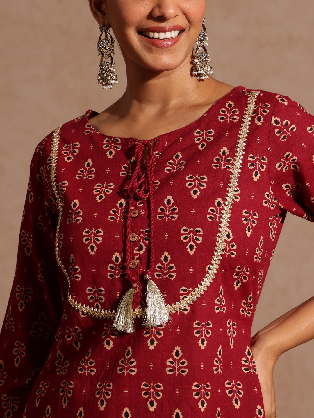 Janasya Women's Maroon Pure Cotton Floral Printed A-line Kurta With Palazzo & Dupatta Set