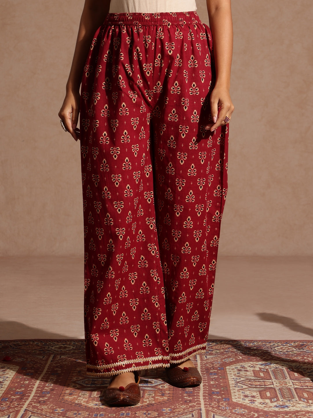 Janasya Women's Maroon Pure Cotton Floral Printed A-line Kurta With Palazzo & Dupatta Set