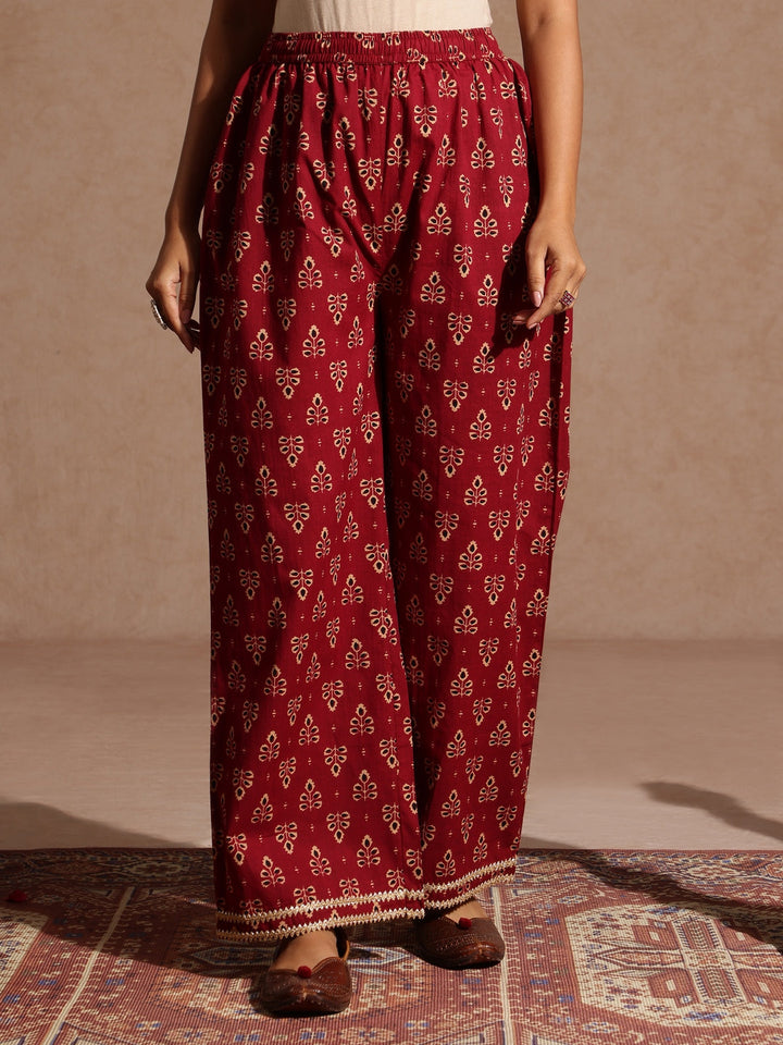 Janasya Women's Maroon Pure Cotton Floral Printed A-line Kurta With Palazzo & Dupatta Set - qivii