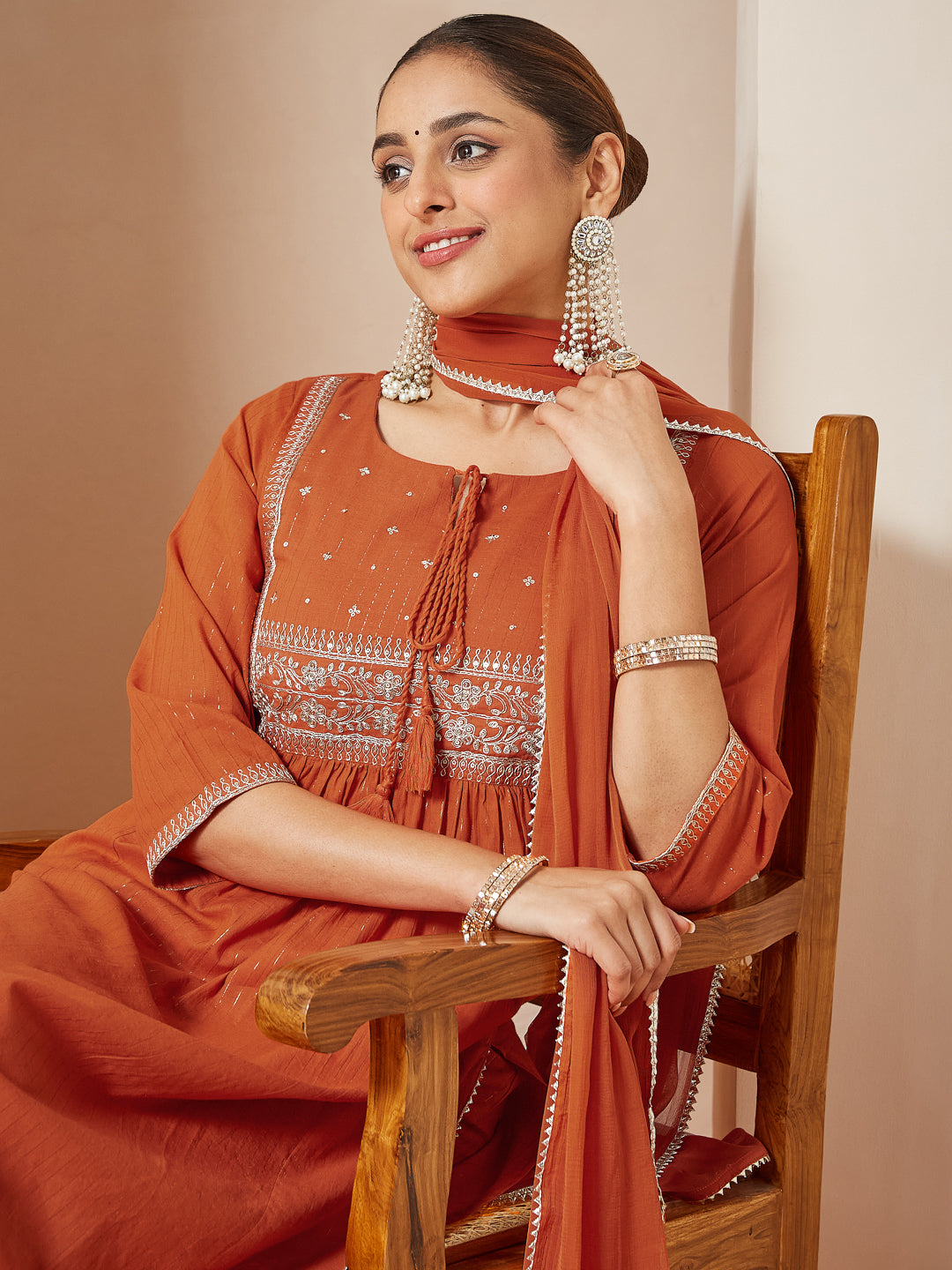 Janasya Women's Orange Pure Cotton Embroidered A-line Kurta Set - qivii
