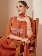 Janasya Women's Orange Pure Cotton Embroidered A-line Kurta Set