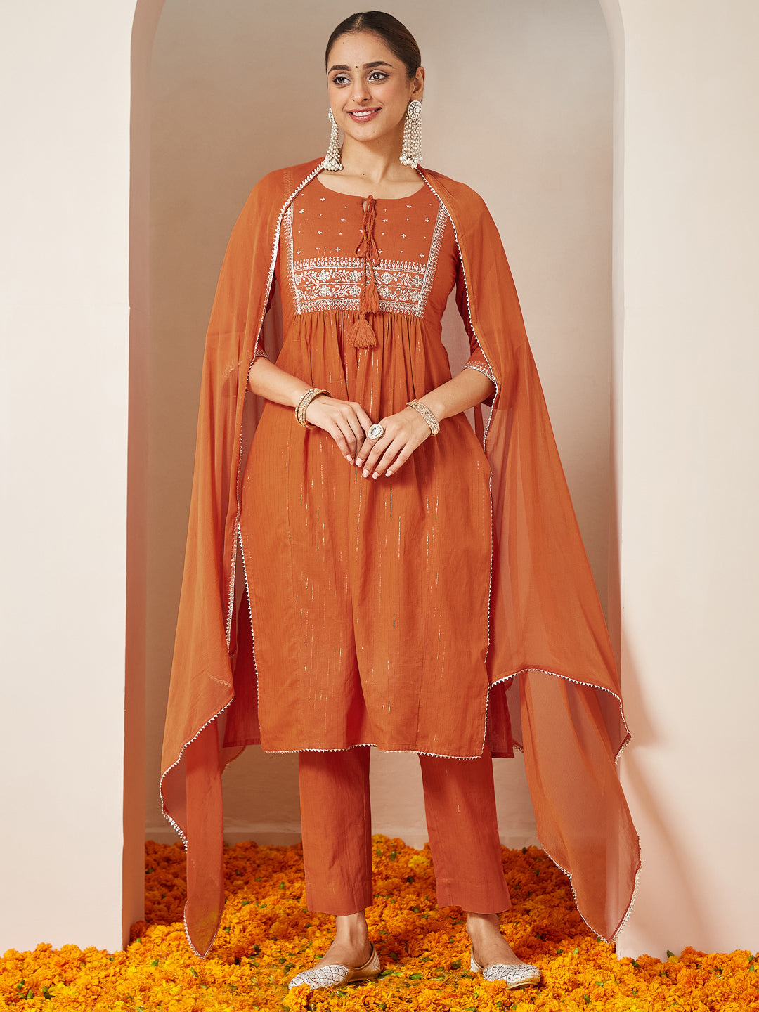 Janasya Women's Orange Pure Cotton Embroidered A-line Kurta Set