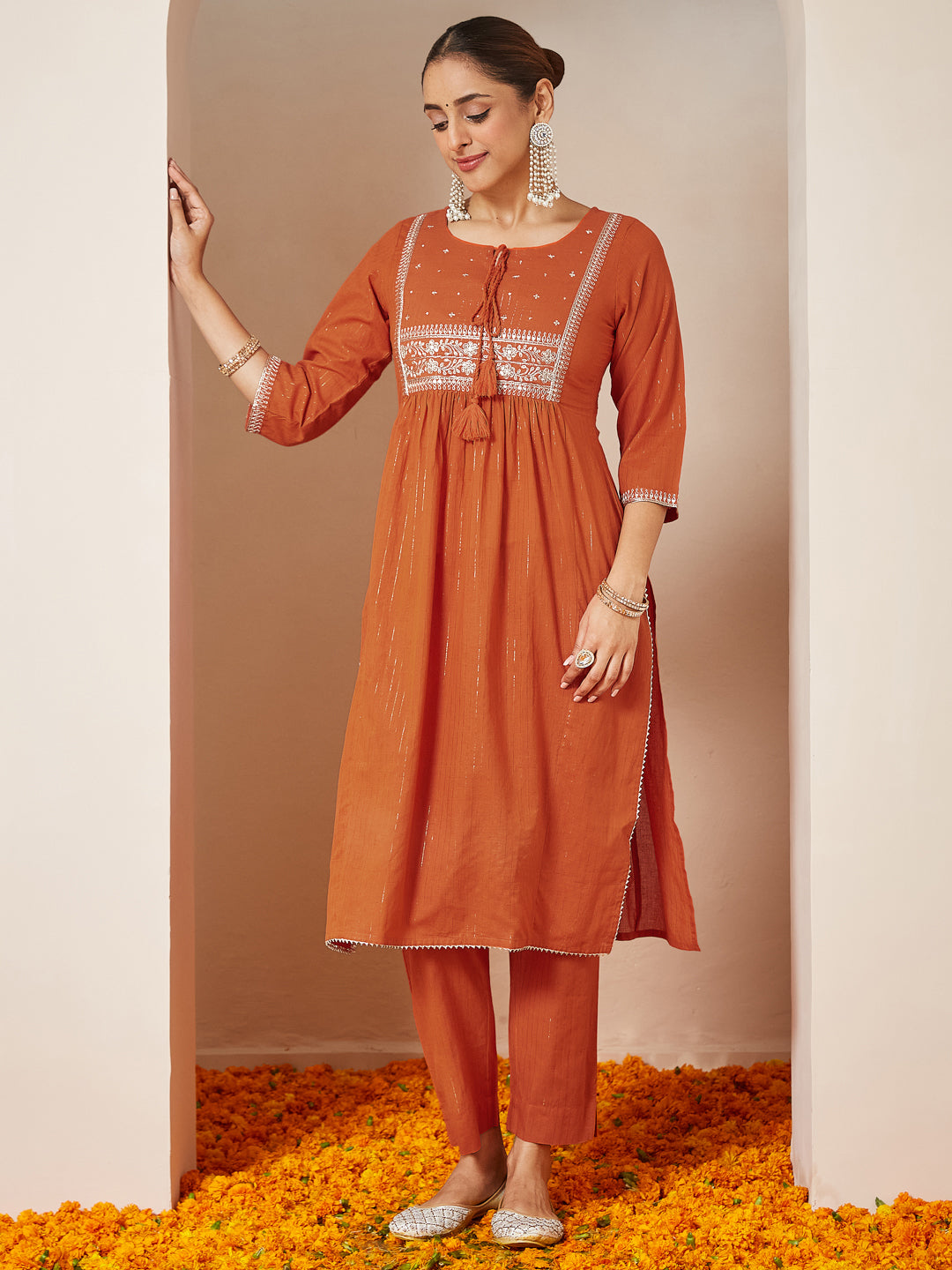 Janasya Women's Orange Pure Cotton Embroidered A-line Kurta Set