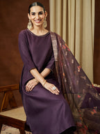 Janasya Women's Wine Cotton Blend Solid Straight Kurta Set With Printed Dupatta
