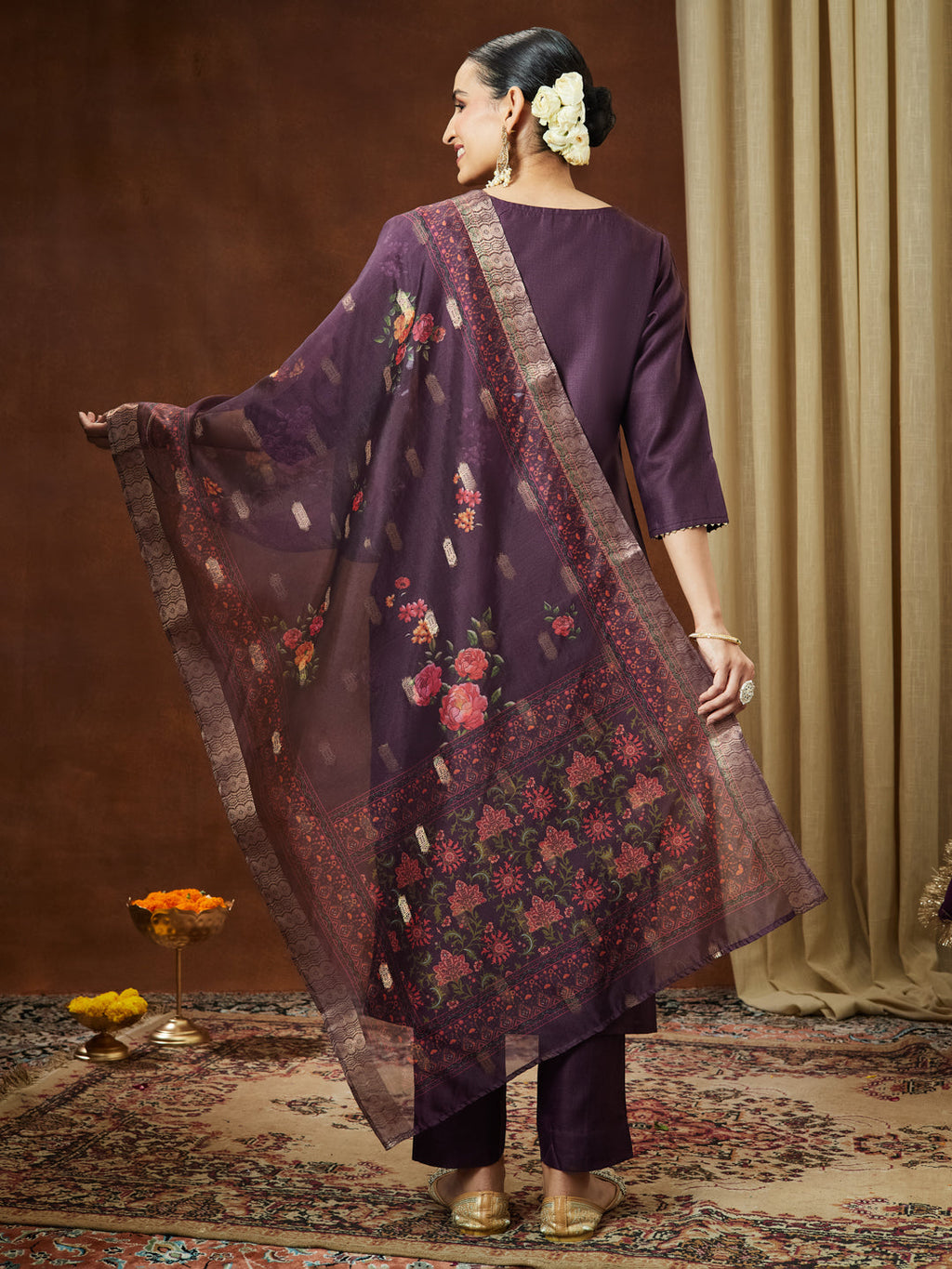 Janasya Women's Wine Cotton Blend Solid Straight Kurta Set With Printed Dupatta