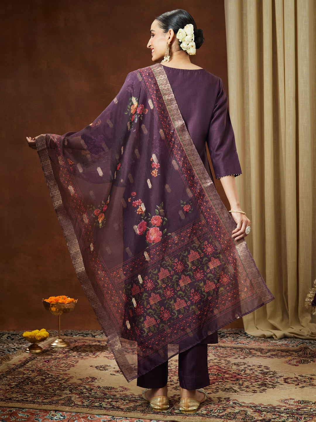 Janasya Women's Wine Cotton Blend Solid Straight Kurta Set With Printed Dupatta - qivii