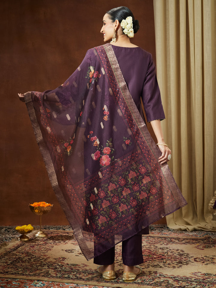 Janasya Women's Wine Cotton Blend Solid Straight Kurta Set With Printed Dupatta - qivii