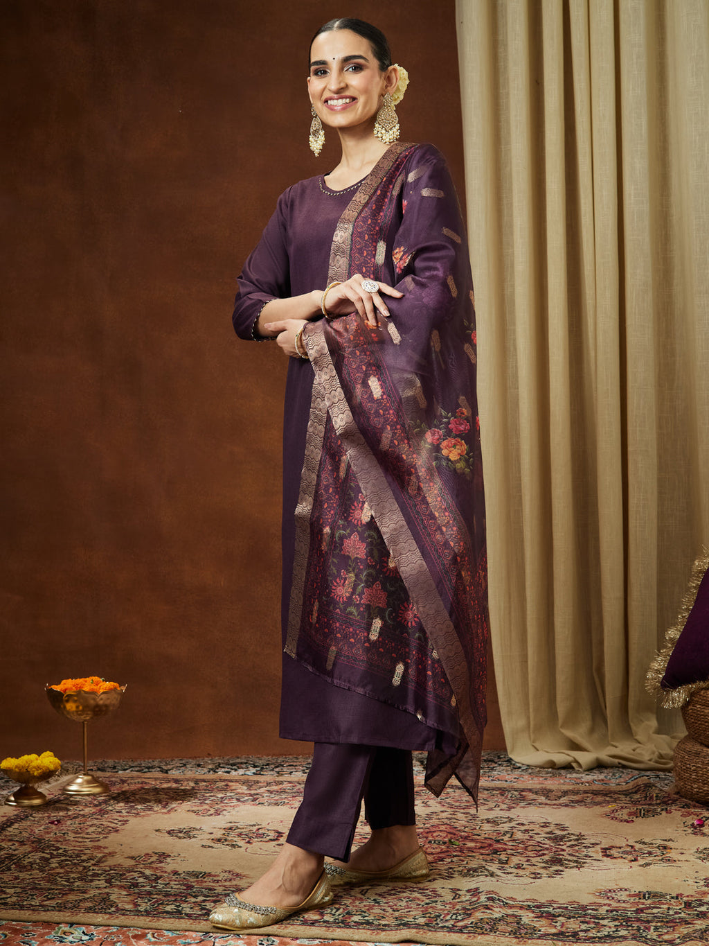 Janasya Women's Wine Cotton Blend Solid Straight Kurta Set With Printed Dupatta