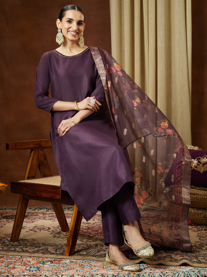 Janasya Women's Wine Cotton Blend Solid Straight Kurta Set With Printed Dupatta - qivii