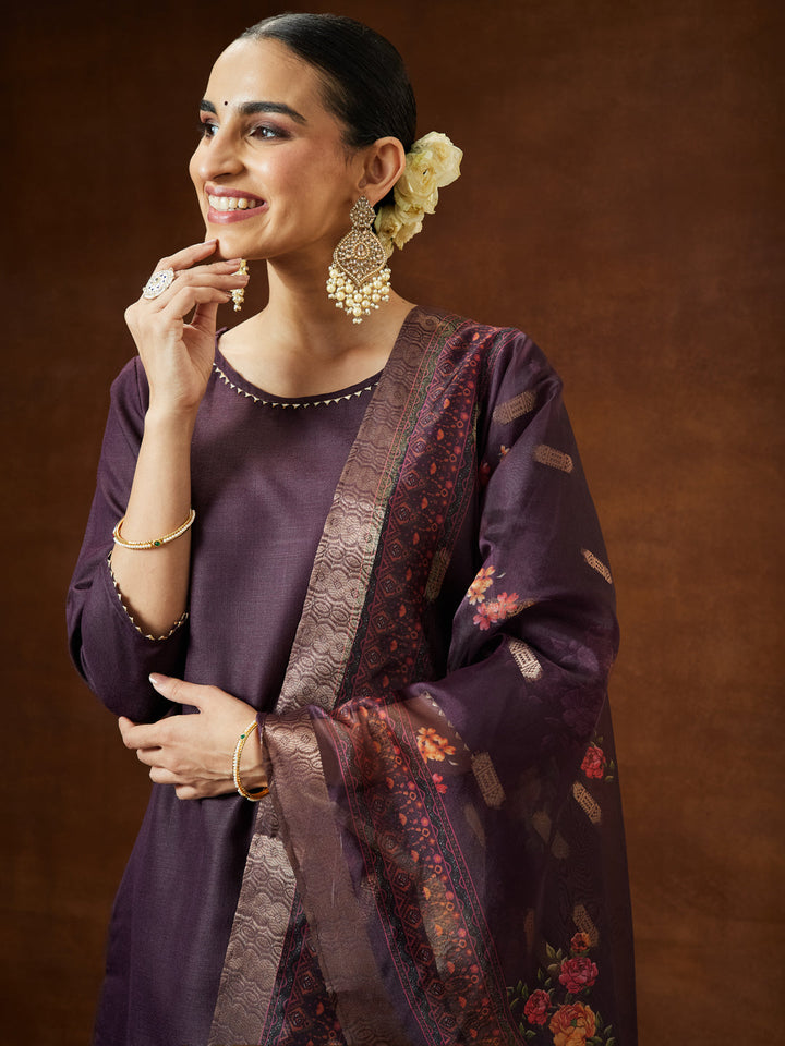 Janasya Women's Wine Cotton Blend Solid Straight Kurta Set With Printed Dupatta - qivii