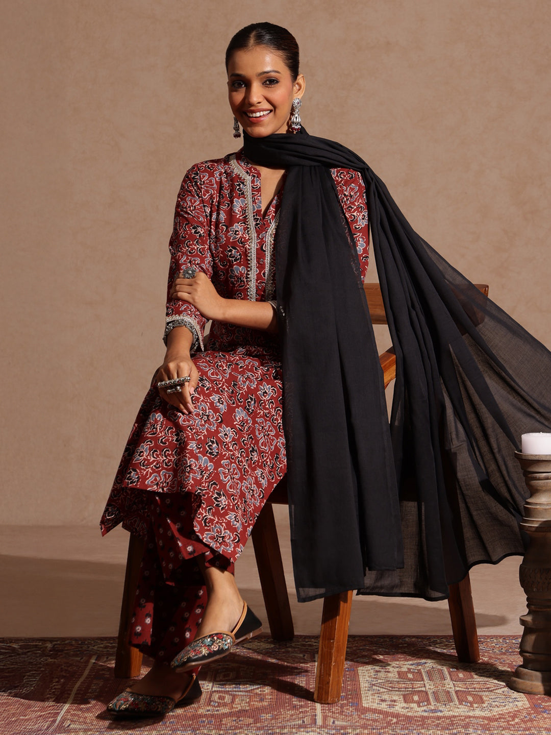 Janasya Women's Maroon Pure Cotton Floral Printed Straight Kurta Set