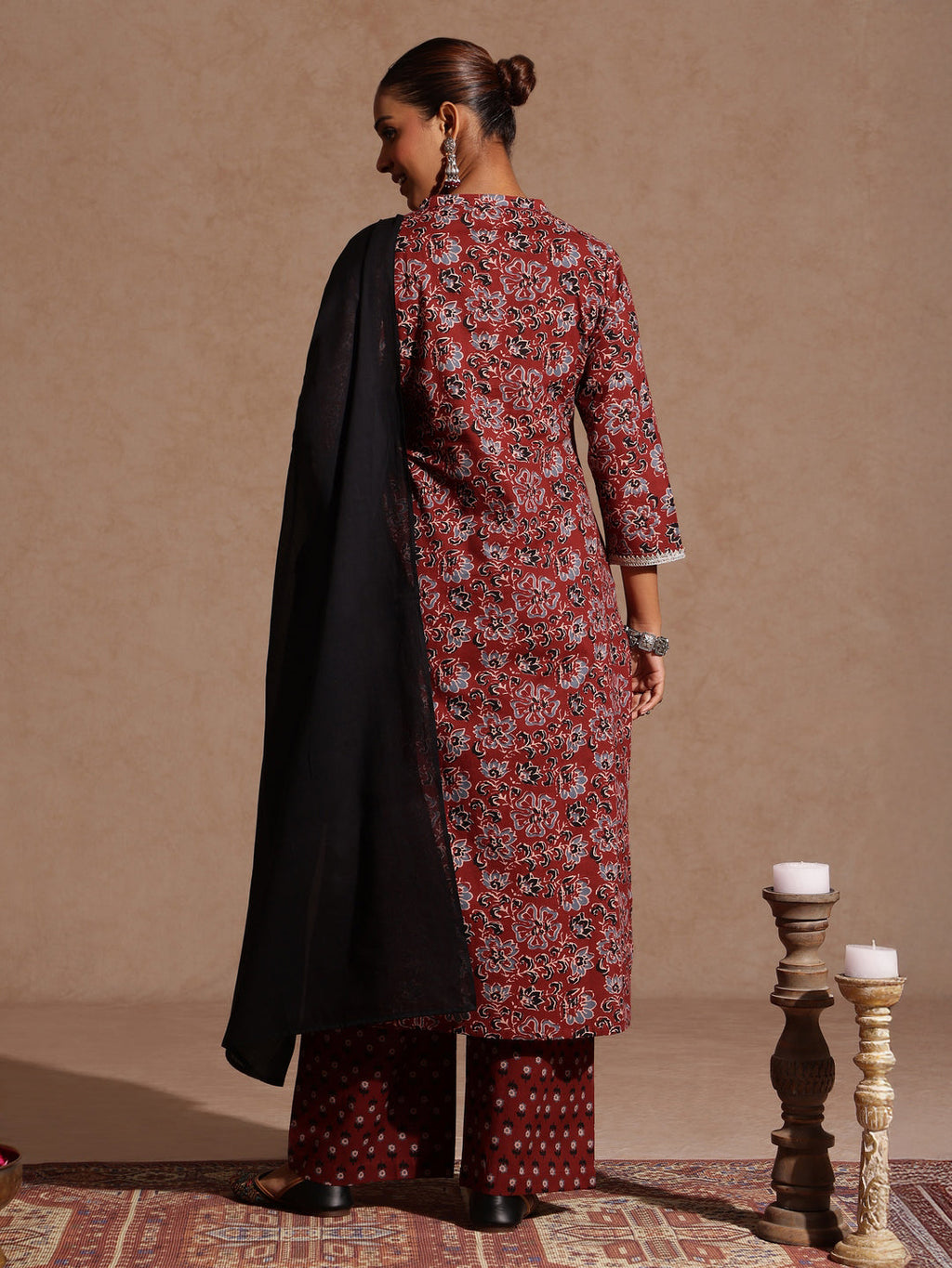 Janasya Women's Maroon Pure Cotton Floral Printed Straight Kurta Set