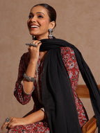 Janasya Women's Maroon Pure Cotton Floral Printed Straight Kurta Set