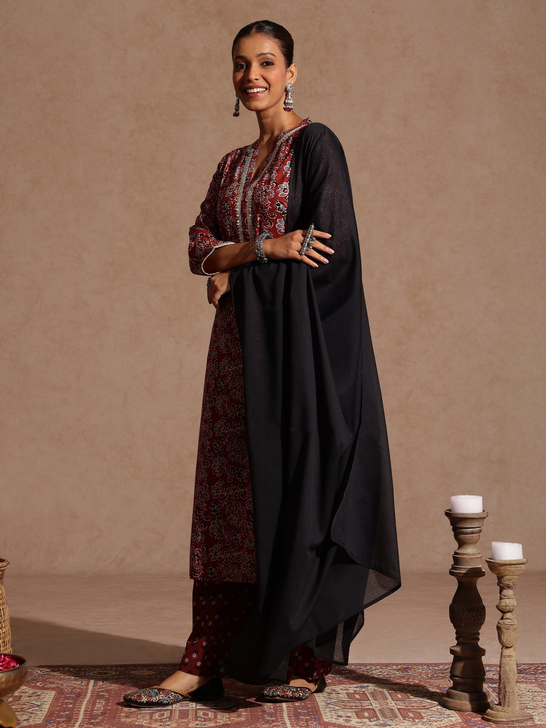 Janasya Women's Maroon Pure Cotton Floral Printed Straight Kurta Set