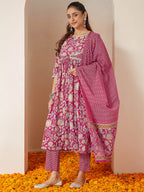 Janasya Women's Pink Pure Cotton Embellished Floral Printed A-line Kurta Set