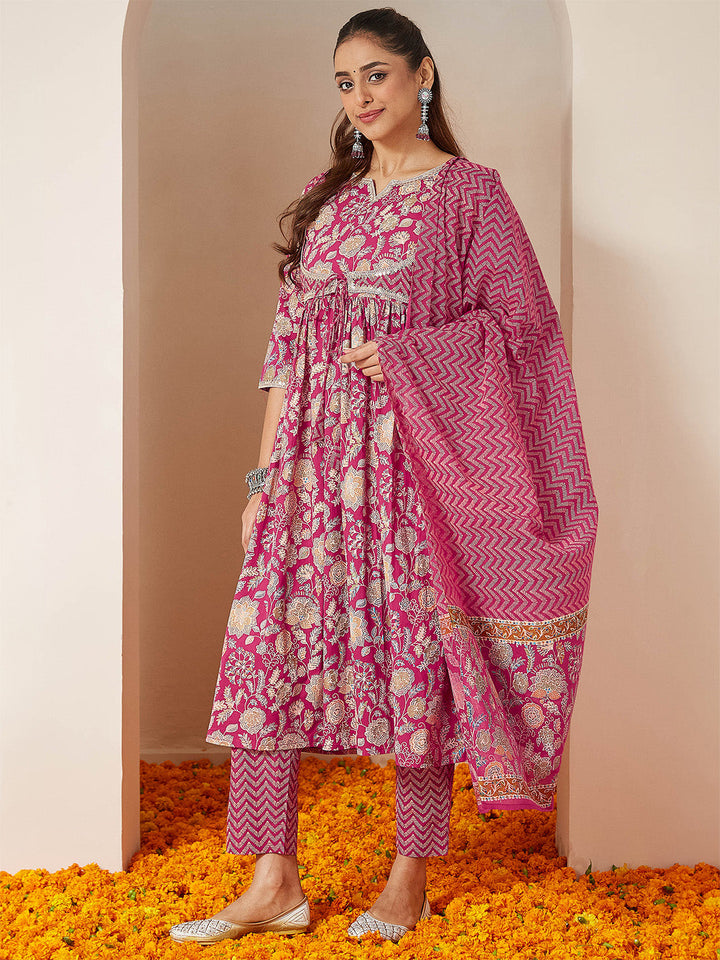 Janasya Women's Pink Pure Cotton Embellished Floral Printed A-line Kurta Set - qivii