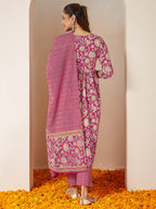 Janasya Women's Pink Pure Cotton Embellished Floral Printed A-line Kurta Set
