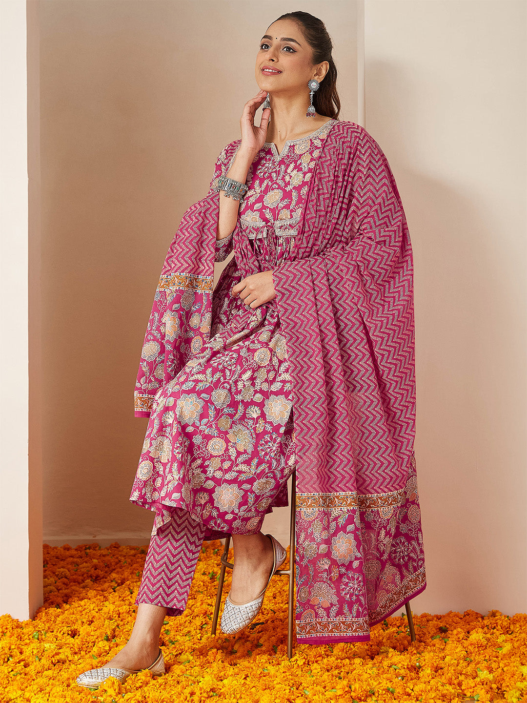 Janasya Women's Pink Pure Cotton Embellished Floral Printed A-line Kurta Set - qivii