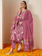 Janasya Women's Pink Pure Cotton Embellished Floral Printed A-line Kurta Set