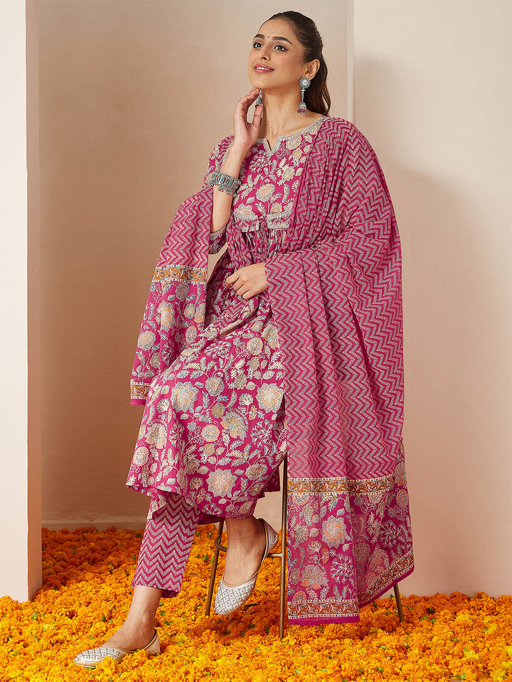 Janasya Women's Pink Pure Cotton Embellished Floral Printed A-line Kurta Set - qivii