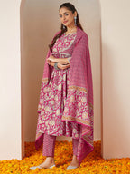 Janasya Women's Pink Pure Cotton Embellished Floral Printed A-line Kurta Set