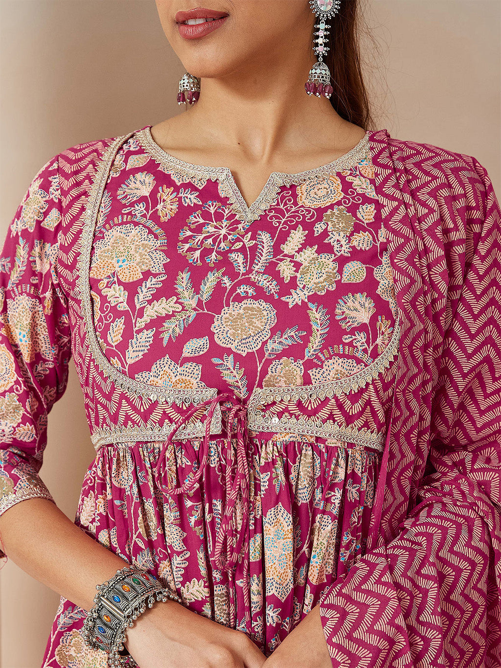 Janasya Women's Pink Pure Cotton Embellished Floral Printed A-line Kurta Set