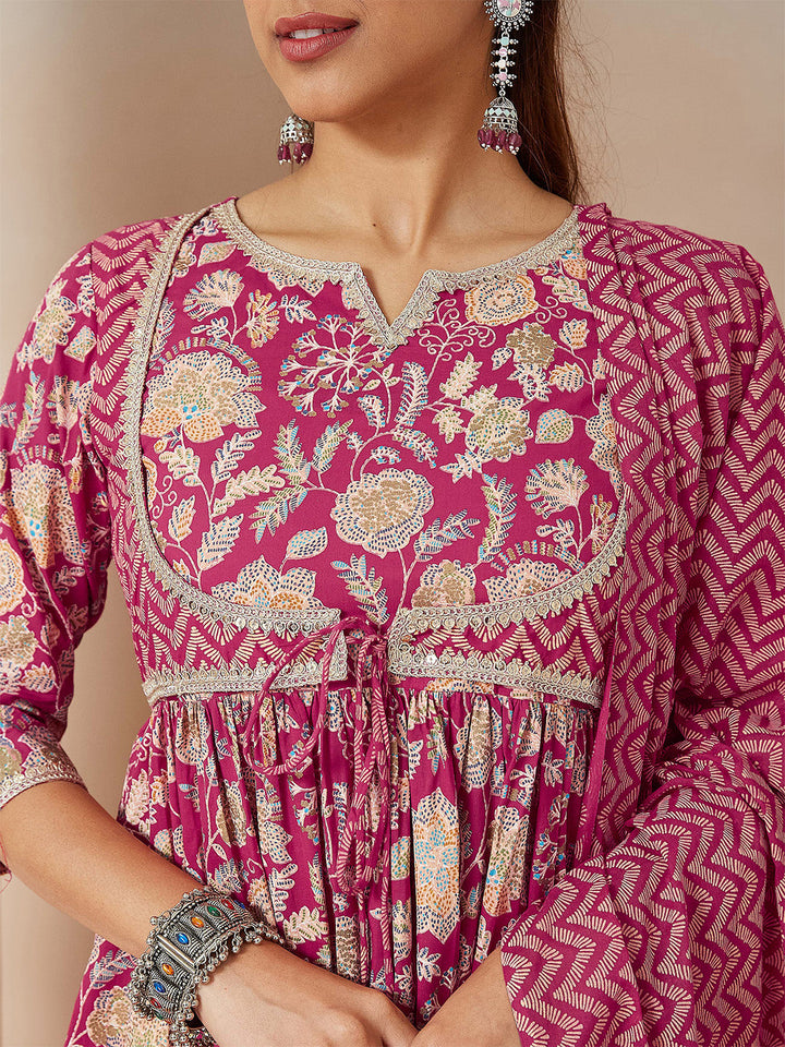 Janasya Women's Pink Pure Cotton Embellished Floral Printed A-line Kurta Set - qivii