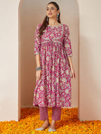 Janasya Women's Pink Pure Cotton Embellished Floral Printed A-line Kurta Set